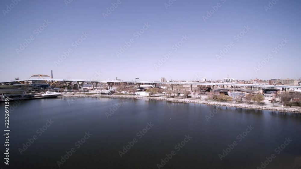 Drone Aerial view of freeway traffic from 794 to downtown Milwaukee. Drone Aerial view of freeway traffic from 794 to downtown Milwaukee.