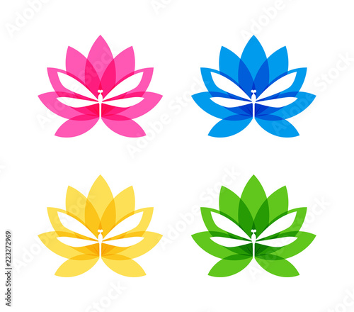 Cut out dragonfly silhouette on flower icon