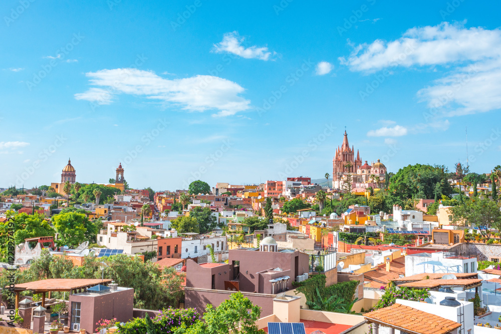Beautiful panoramic view of the main Church of San Miguel de allende from a Rooftop in Guanajuato, Mexico