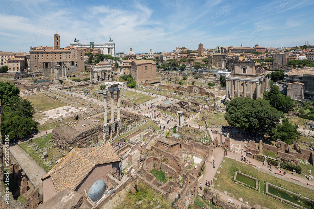 Elevated view towards the arch of Septimius Severus and the church of Santa Luce e Martina in the forum, Rome
