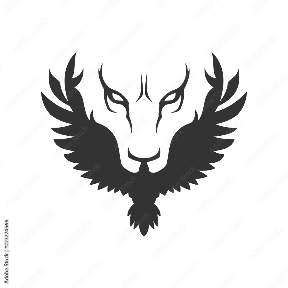 Obraz premium Wolf or lion face and bird icon