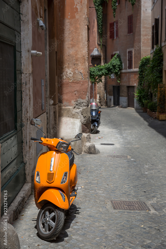 Scooters in hte Trastevere district of Rome, Italy