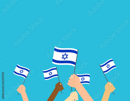 Vector illustration hands holding Israeli flags on blue background