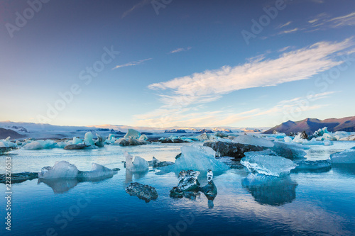 Blue icebergs in Iceland  final sunset time