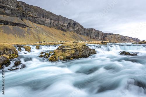 A slow exposure of a river in Iceland in a cloud, overcast day