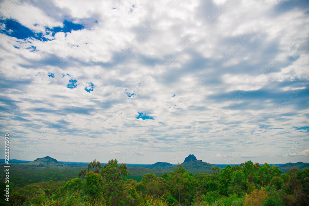 Obraz premium Glass House Mountains nearby Brisbane city in Queensland, Australia. Australia is a continent located in the south part of the earth.