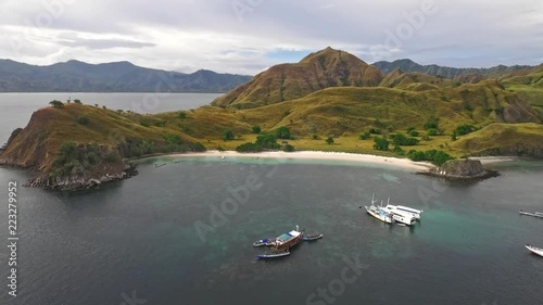 Flying in Komodo Island in east Indonesia .Padar Island and Pink beach. Majestic point of aerial view photo