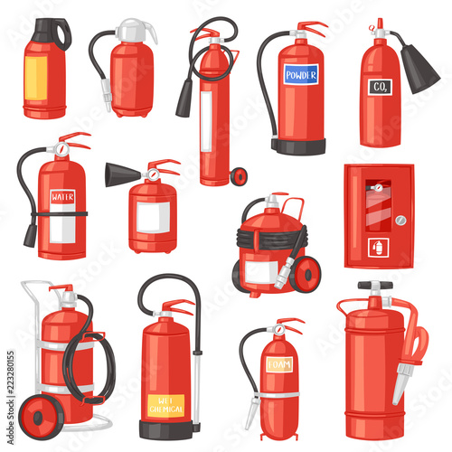 Fire extinguisher vector fire-extinguisher for safety and protection to extinguish fire illustration set of extinguishing equipment of firefighter isolated on white background