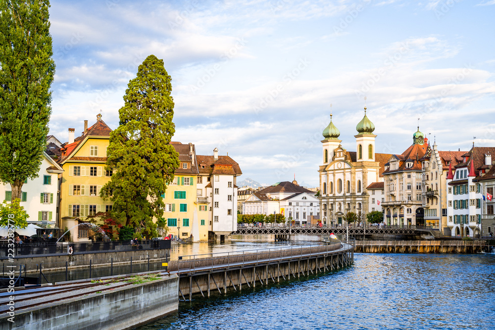 Historic city center of Lucerne with famous Chapel Bridge in Switzerland.