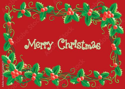 Merry Christmas greeting card. Vector christmas holly decoration  on  red background wth lettering  Merry Christmas  