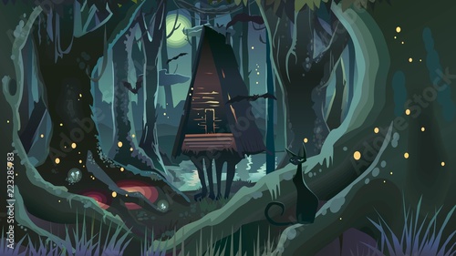 Fantasy Halloween Forest Illustration Dark Night Witch Trees
