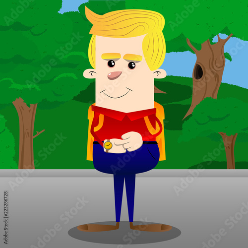 Schoolboy checking his watch. Vector cartoon character illustration.