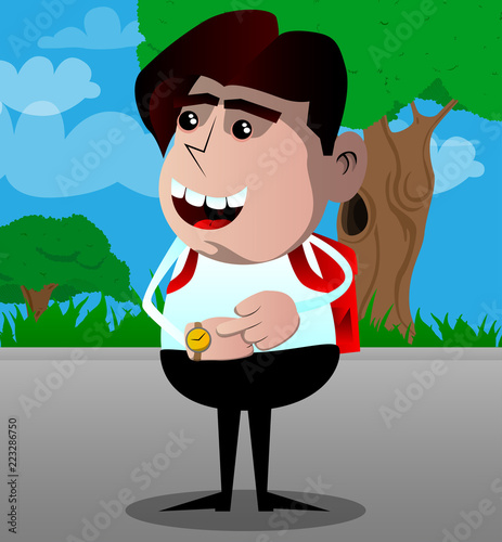 Schoolboy checking his watch. Vector cartoon character illustration.