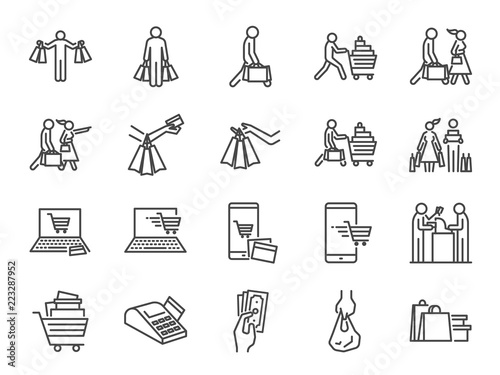 Shopping icon set. Included icons as buy, shopaholic, handful bags, cart, shop and more.
