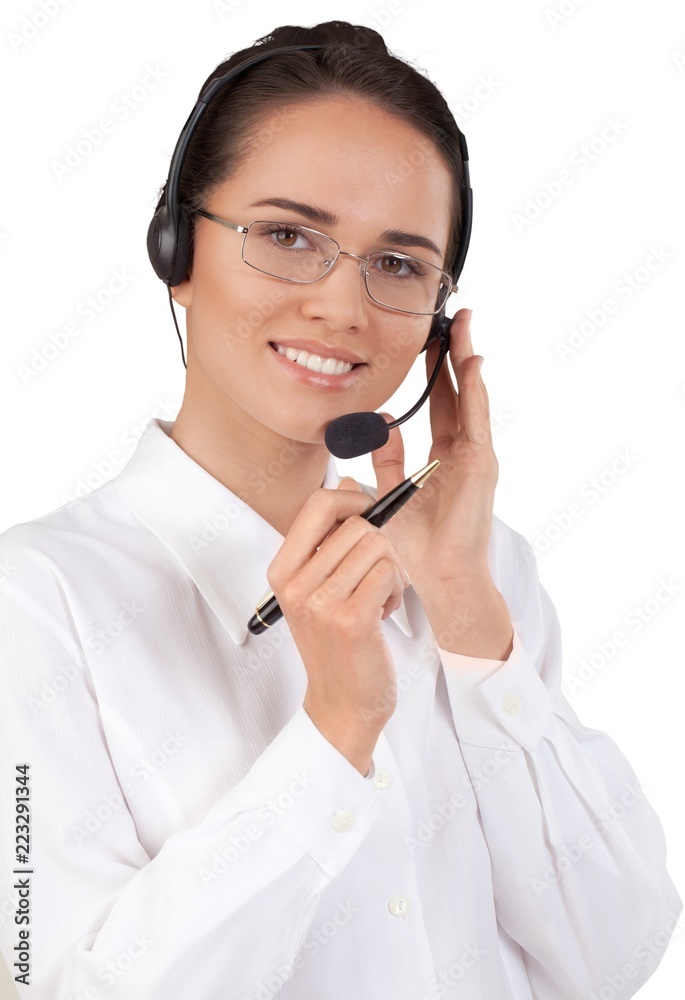Close-up portrait of young businesswoman with headphones Close-up portrait of young businesswoman with headphones