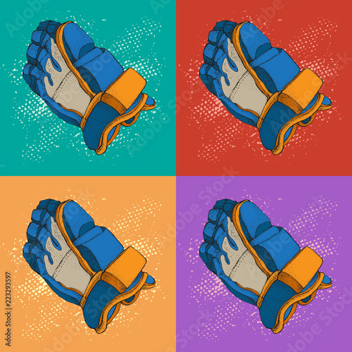 Pop art vector hockey gloves pattern. Isolated hockey gloves on colorful background. Ice hockey sports equipment. Hand drawn realistic Ice hockey gloves..