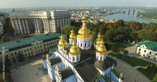 Sun Reflection On St. Michael's Golden-Domed Monastery. Aerial Footage