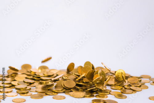 Movement of falling gold coin  flying coin  rain money with soft shadow on white background  business and financial wealth and take profit concept.