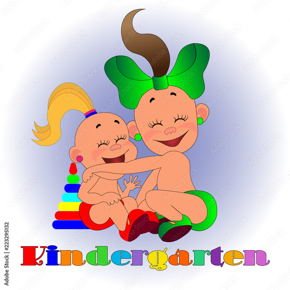 Obraz premium two girls enjoy the game together, a signboard of the kindergarten logo