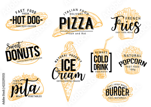 Fast food pizza and burgers vector lettering
