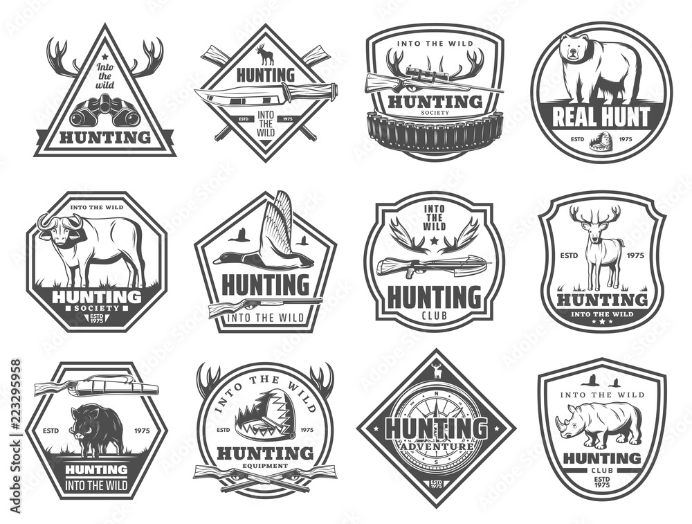 Wild forest and African animals hunt club icons Wild forest and African animals hunt club icons