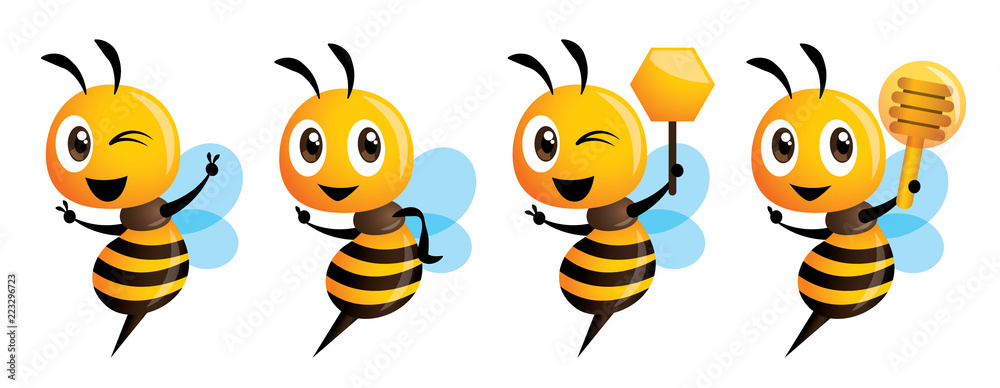 Cartoon cute bee mascot series. Cartoon cute bee pointing, victory hand sign, holding honey dipper and honey comb sign. Vector illustration isolated Cartoon cute bee mascot series. Cartoon cute bee pointing, victory hand sign, holding honey dipper and honey comb sign. Vector illustration isolated