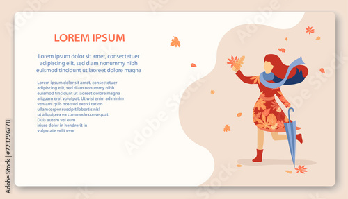 Girl walks and collects golden autumn leaves.