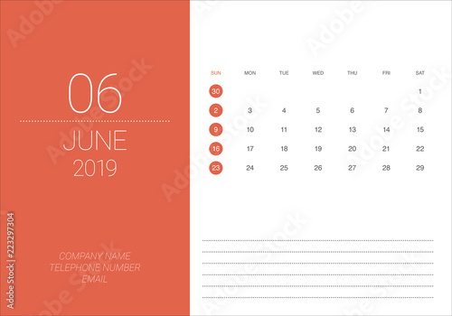 June 2019 desk calendar vector illustration