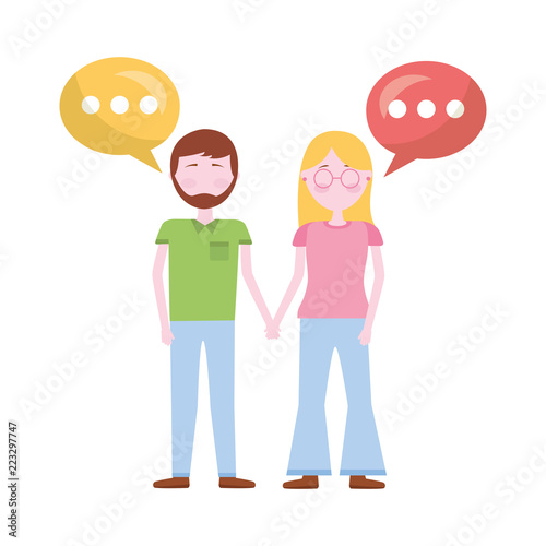 young couple with speech bubble avatar character