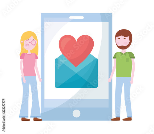 couple with smartphone and set icons