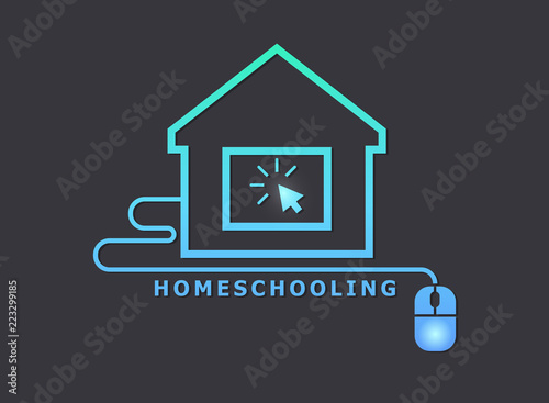  Homeschooling. Online tuition remotely. The symbol of family learning. The house and computer. 