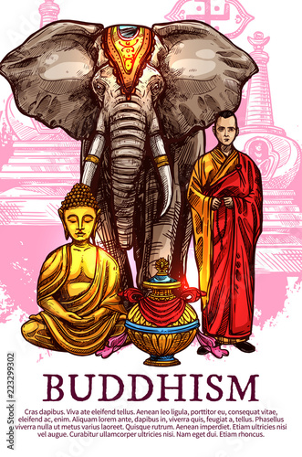 Buddha, monk, vase and elephant