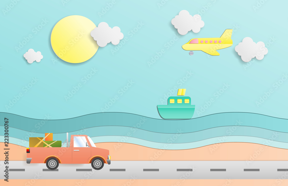 Illustration of driving a car and plane ,Passenger boat Travel in summer on sea beach. Paper cut and craft style. vector, illustration.
