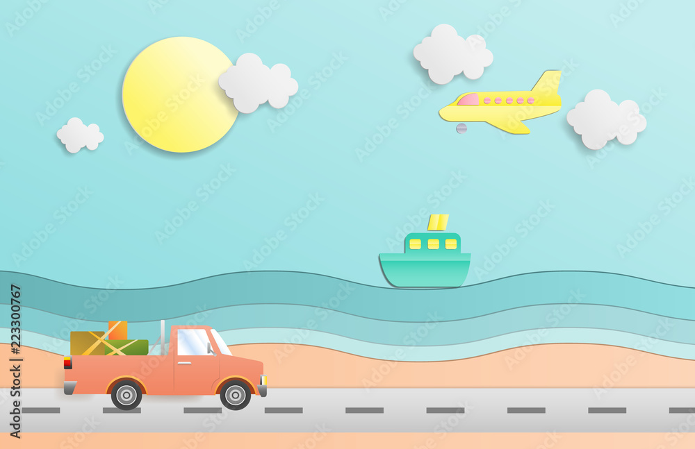 Illustration of driving a car and plane ,Passenger boat Travel in summer on sea beach. Paper cut and craft style. vector, illustration. Illustration of driving a car and plane ,Passenger boat Travel in summer on sea beach. Paper cut and craft style. vector, illustration.