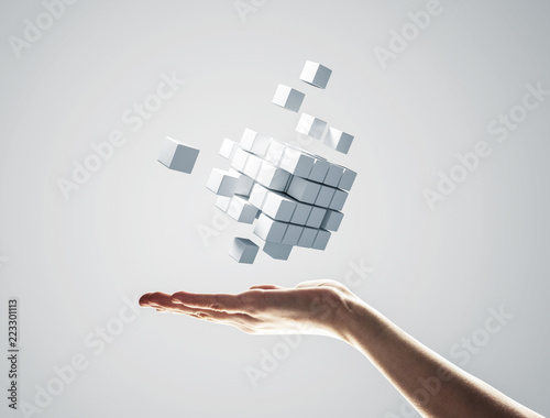 Cube white figure in male palm as symbol for integration. 3D ren