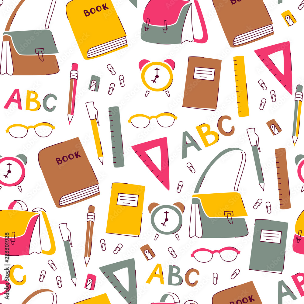 Seamless Back to School Pattern with Hand Drawn School Supplies on White Background. Seamless Back to School Pattern with Hand Drawn School Supplies on White Background.