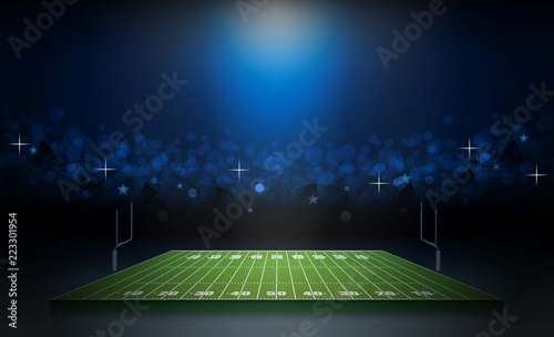 American football arena field with bright stadium lights design. Vector illumination