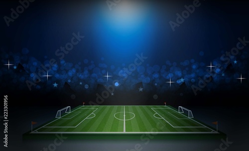 Football arena field with bright stadium lights vector design and information scoreboard. Vector illumination