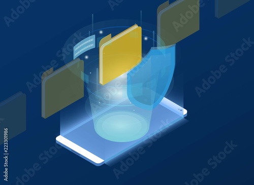 Mobile data protection with folder a cloud representation hologram concept Data center cloud. isometric flat design. Vector illustration.