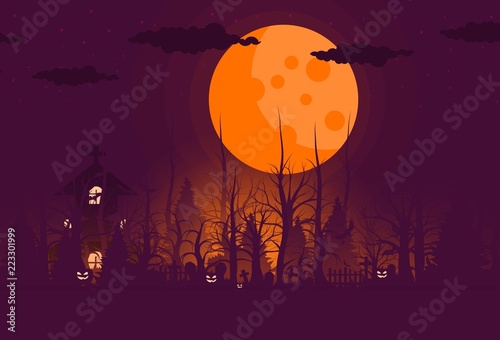 Happy Halloween background and scary tree pumpkin on graveyard full moon dark night and tombstone black bat. church on graveyard. Vector illumination