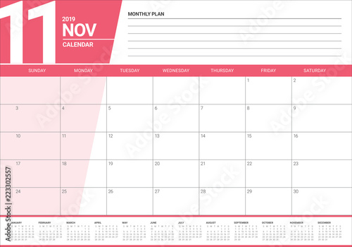 November 2019 desk calendar vector illustration