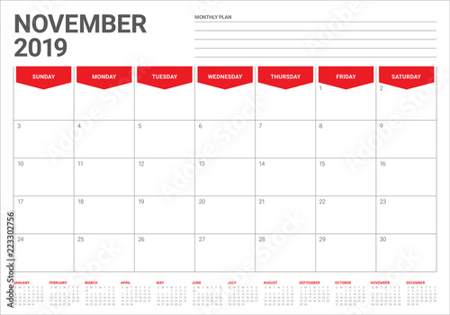 November 2019 desk calendar vector illustration