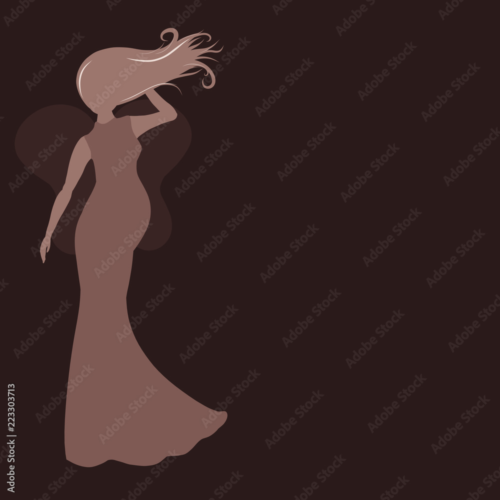 Winged pregnant woman with long hair on a brown background