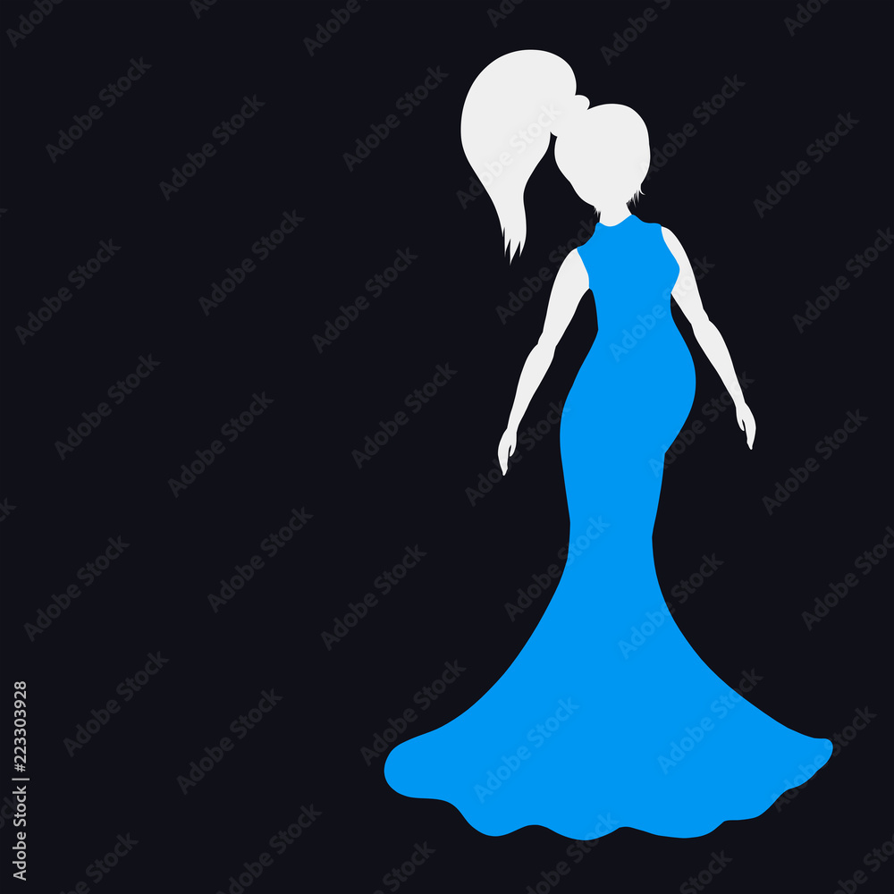 White silhouette of a young pregnant woman in blue dress on a black background