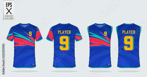 Blue gradient T-shirt sport design template for soccer jersey, football kit. Tank top for basketball jersey. Sport uniform in front and back view. Sport shirt mock up for sport club. Vector