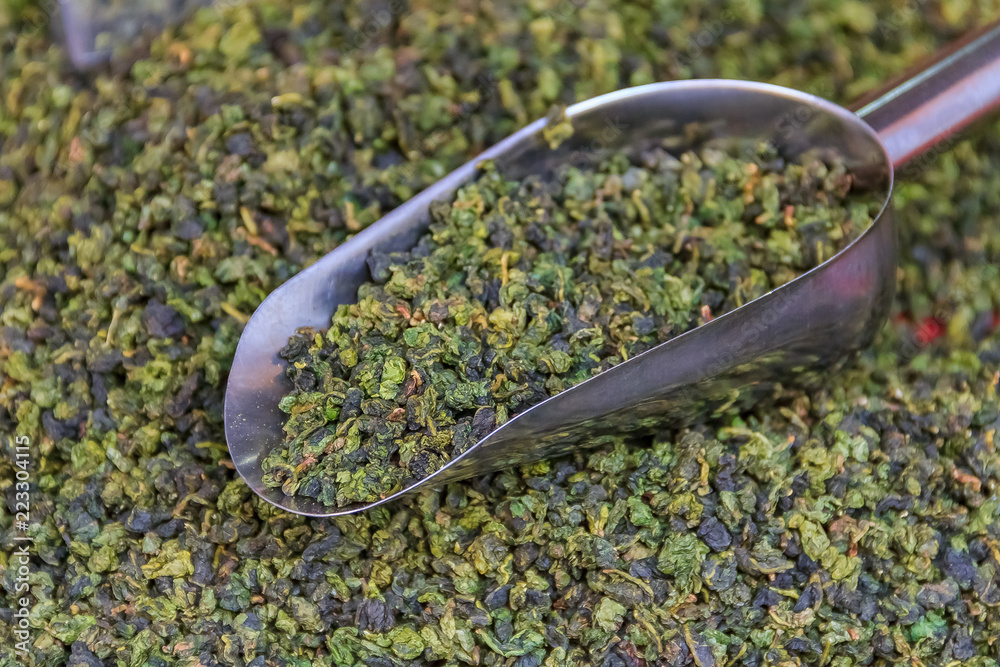 Bulk loose green tea for sale at the market  in Xiamen China