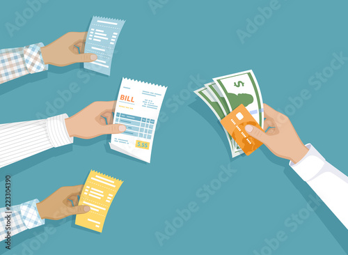 Hands with bills, money, credit card. Illustration sales, shopping, check, receipt, invoice, order. Paying bills. Payment of goods, service, utility, restaurant. Vector design in a flat style