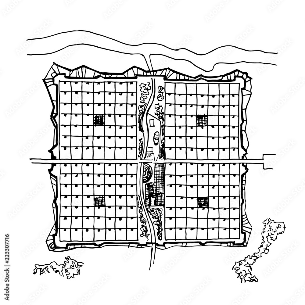 Urban plan of a city, old village. Doodle city map. Vector city drawing ...