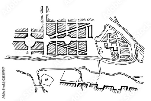 Urban plan of a city, old village. Doodle city map. Vector city drawing. Street map. Futuristic Megalopolis City Basis Plan.