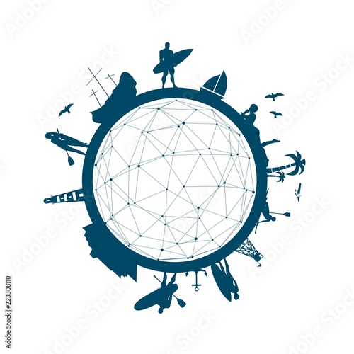 Circle with tropical recreation relative silhouettes. Objects located around the circle. Human posing with surfboard,cruise ship, palm and lifeguard tower